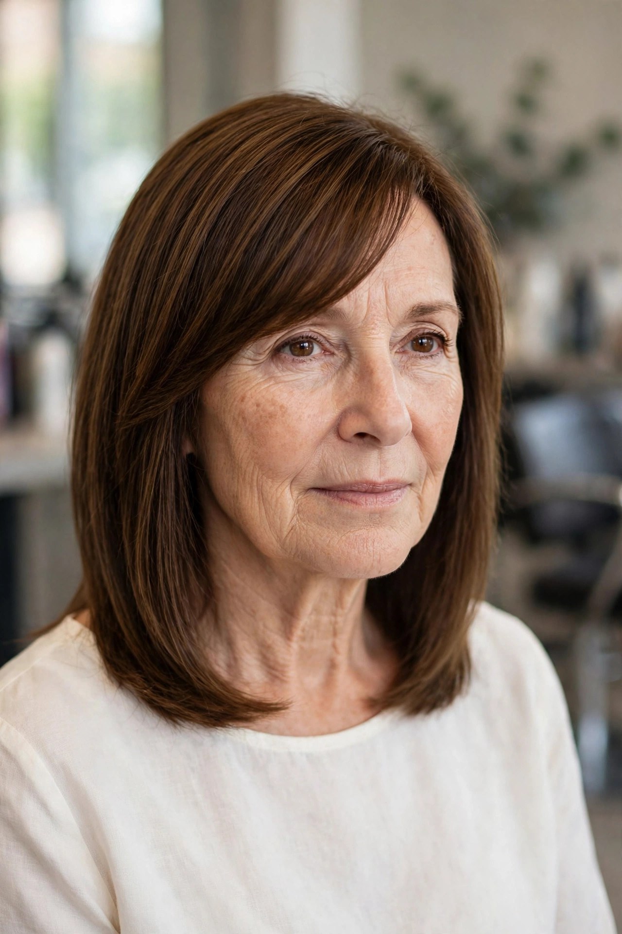 Collarbone Lob with Side-Swept Bangs - side-swept bangs for a woman over 50