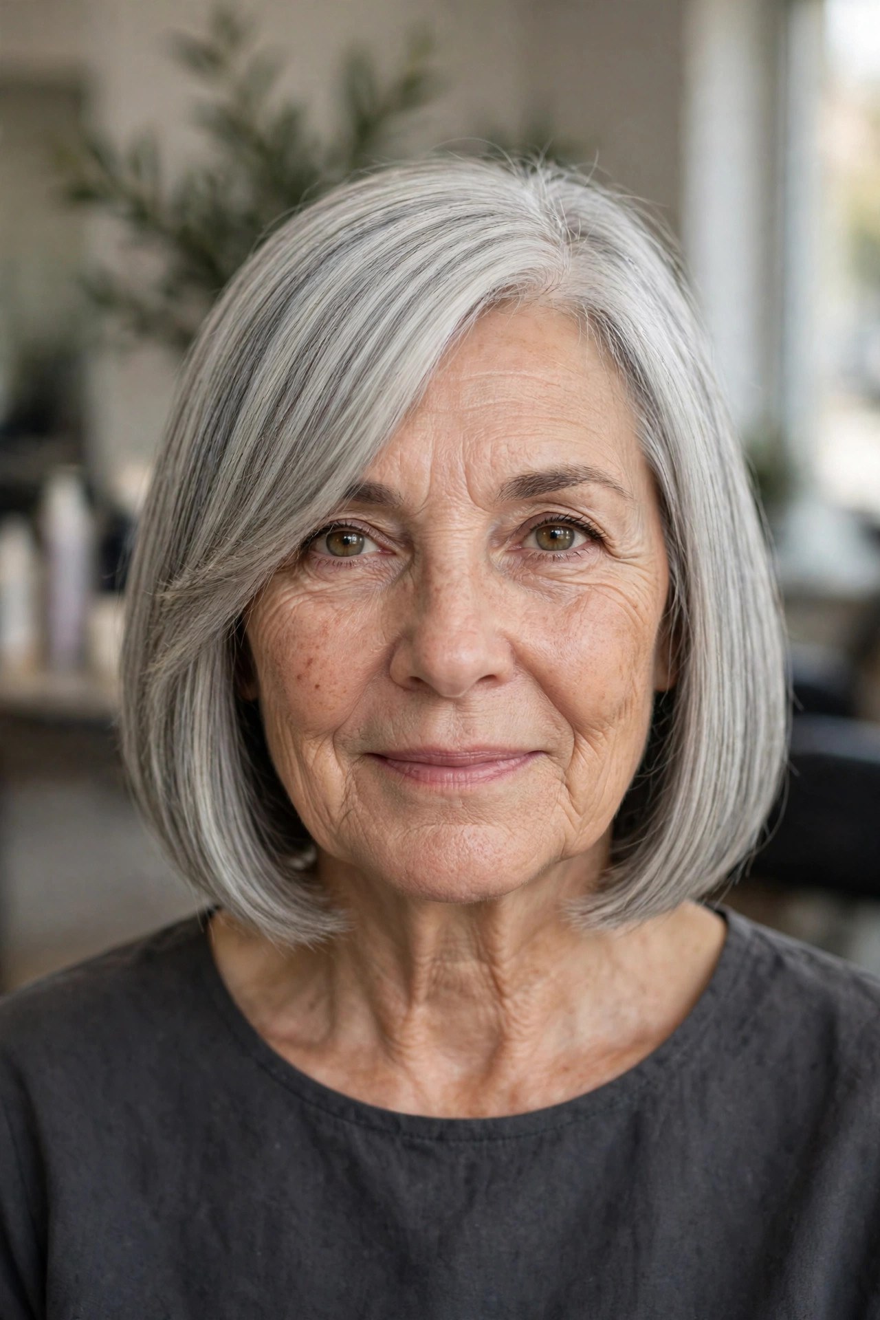 Silver Bob with Side-Swept Bangs - side-swept bangs for a woman over 50