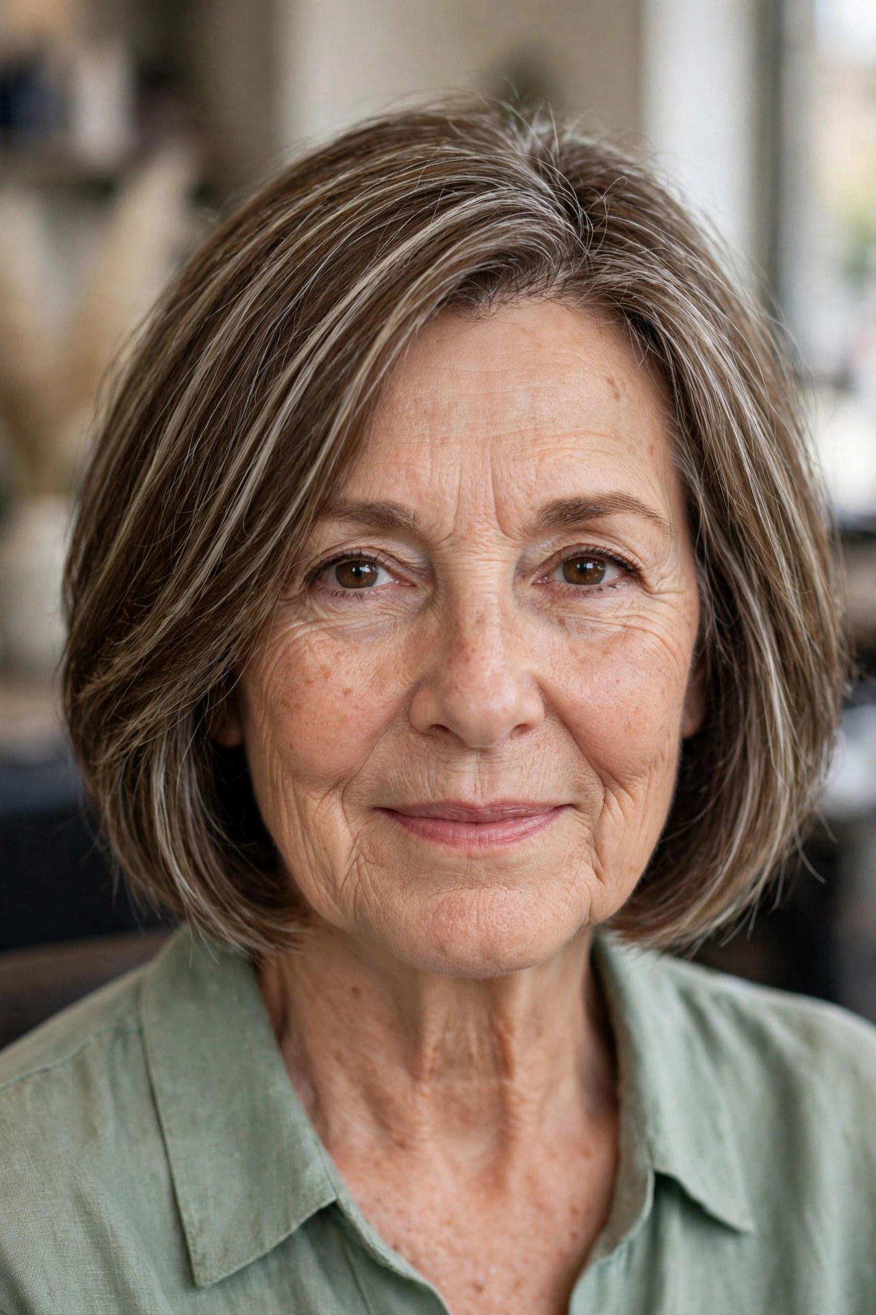 Herringbone Highlights on a Chin-Length Bob - silver blending hair idea for woman over 50 with early grays