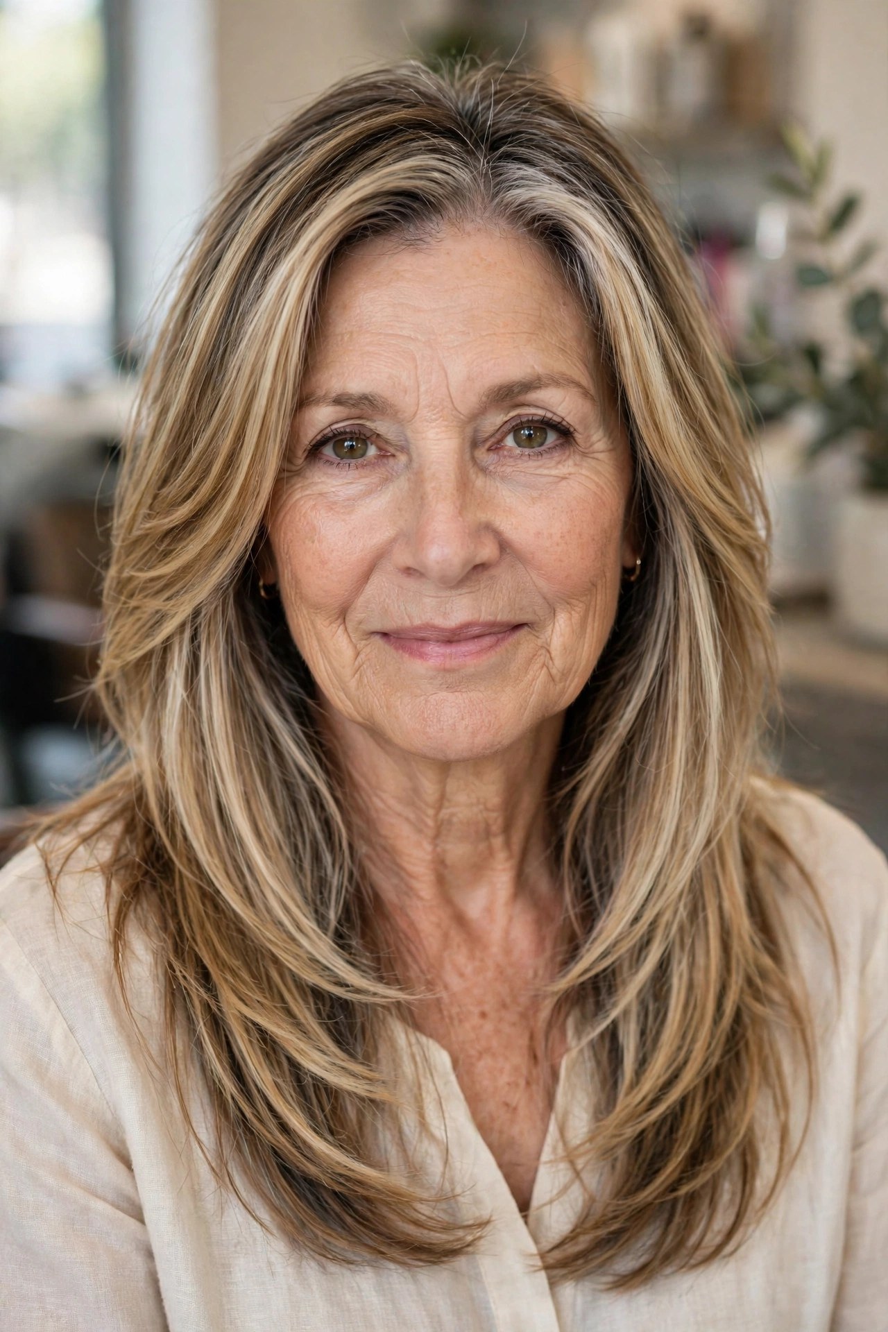 Root Smudge with Long Layers - silver blending hair idea for woman over 50 with early grays