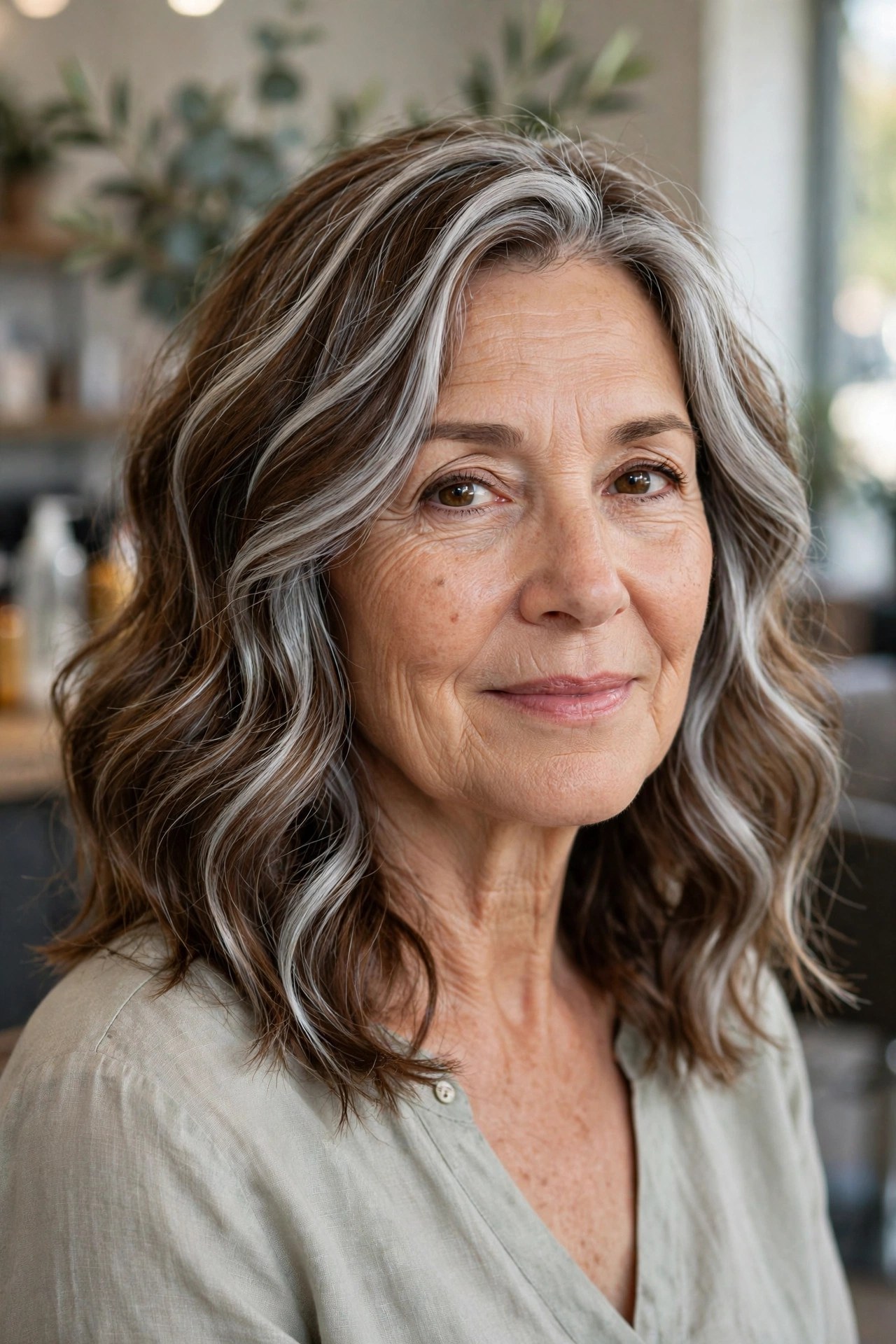 Silver Ribbons Through Soft Waves - silver blending hair idea for woman over 50 with early grays