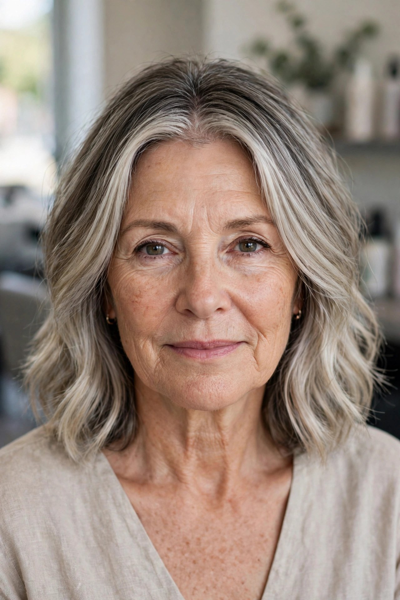 Ash-Blonde Color Melt on a Lob - silver blending hair idea for woman over 50 with early grays
