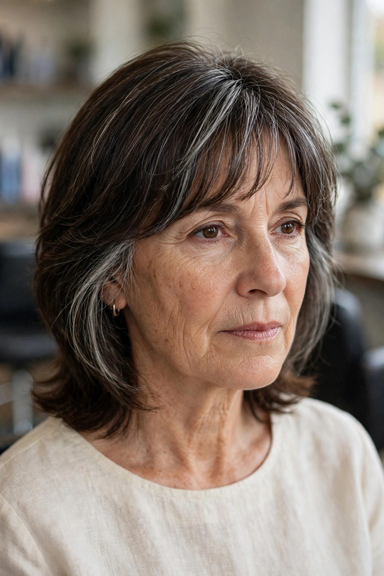Temple Blending with Wispy Bangs - silver blending hair idea for woman over 50 with early grays