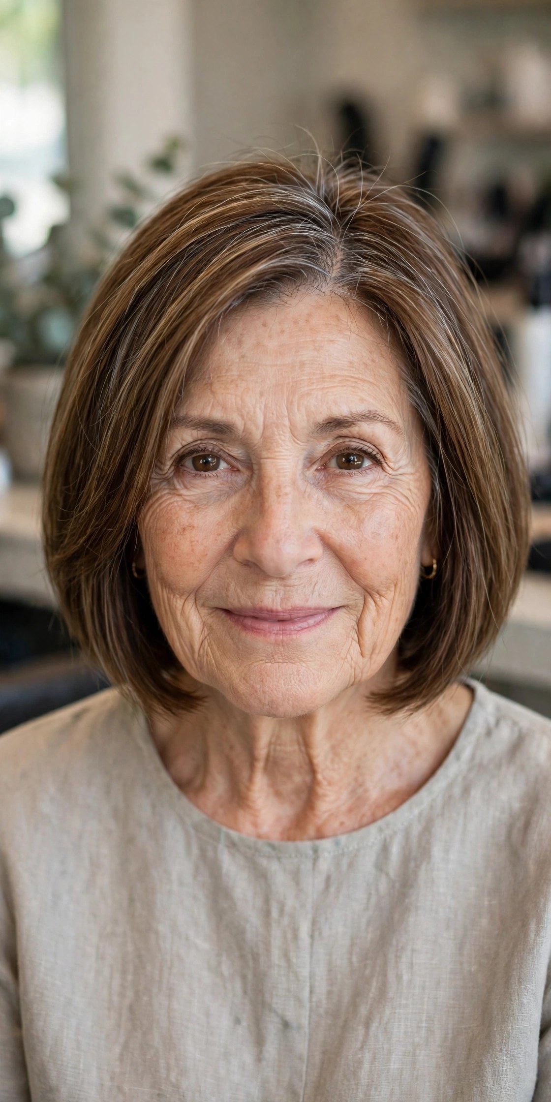 Partial Foils on the Crown of a Graduated Bob - silver blending hair idea for woman over 50 with early grays
