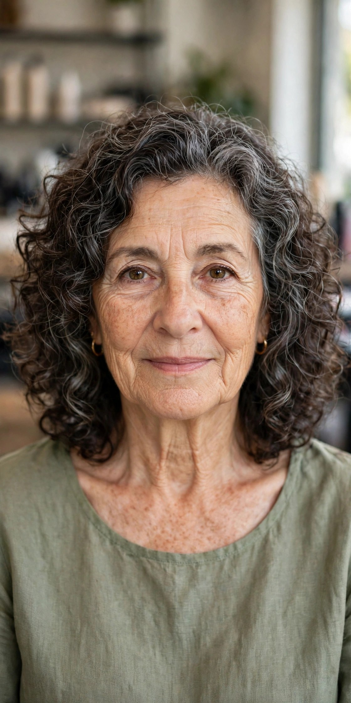Silver Blend on Natural Curls - silver blending hair idea for woman over 50 with early grays