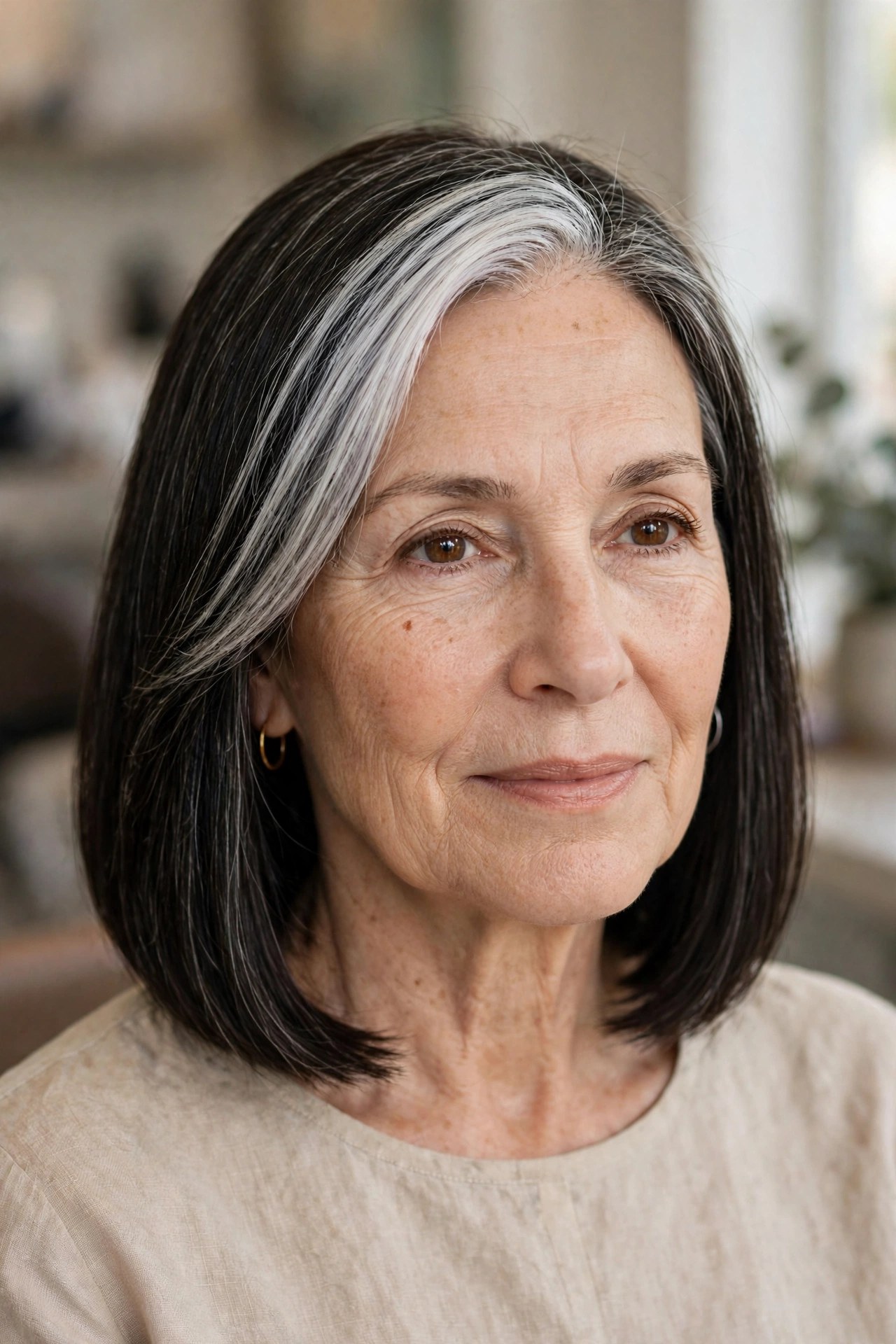 Bold Silver Streak on a Sleek Lob - silver blending hair idea for woman over 50 with early grays