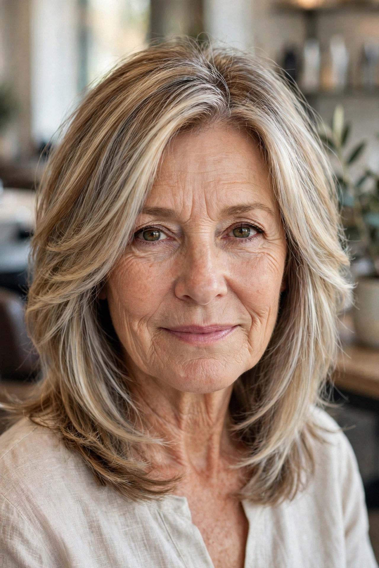 Pearl-Blonde Silver Transition with Layers - silver blending hair idea for woman over 50 with early grays