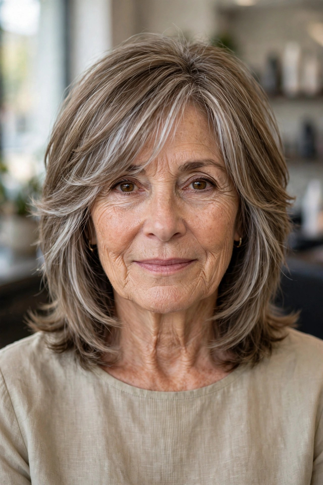 Feathered Silver Layers - silver blending hair idea for woman over 50 with early grays