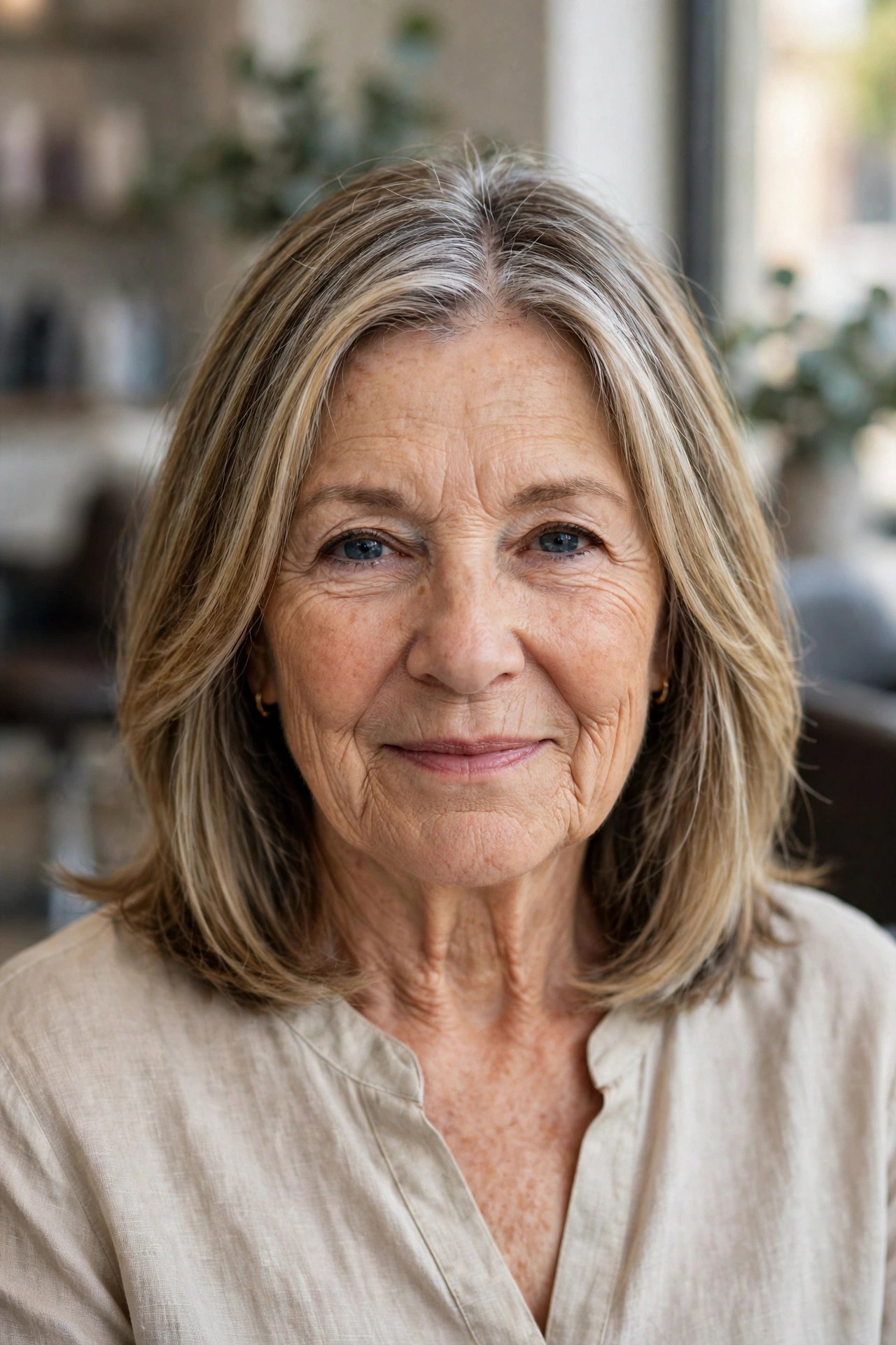 Silver Babylights on Shoulder-Length Blonde - silver blending hair idea for woman over 50 with early grays