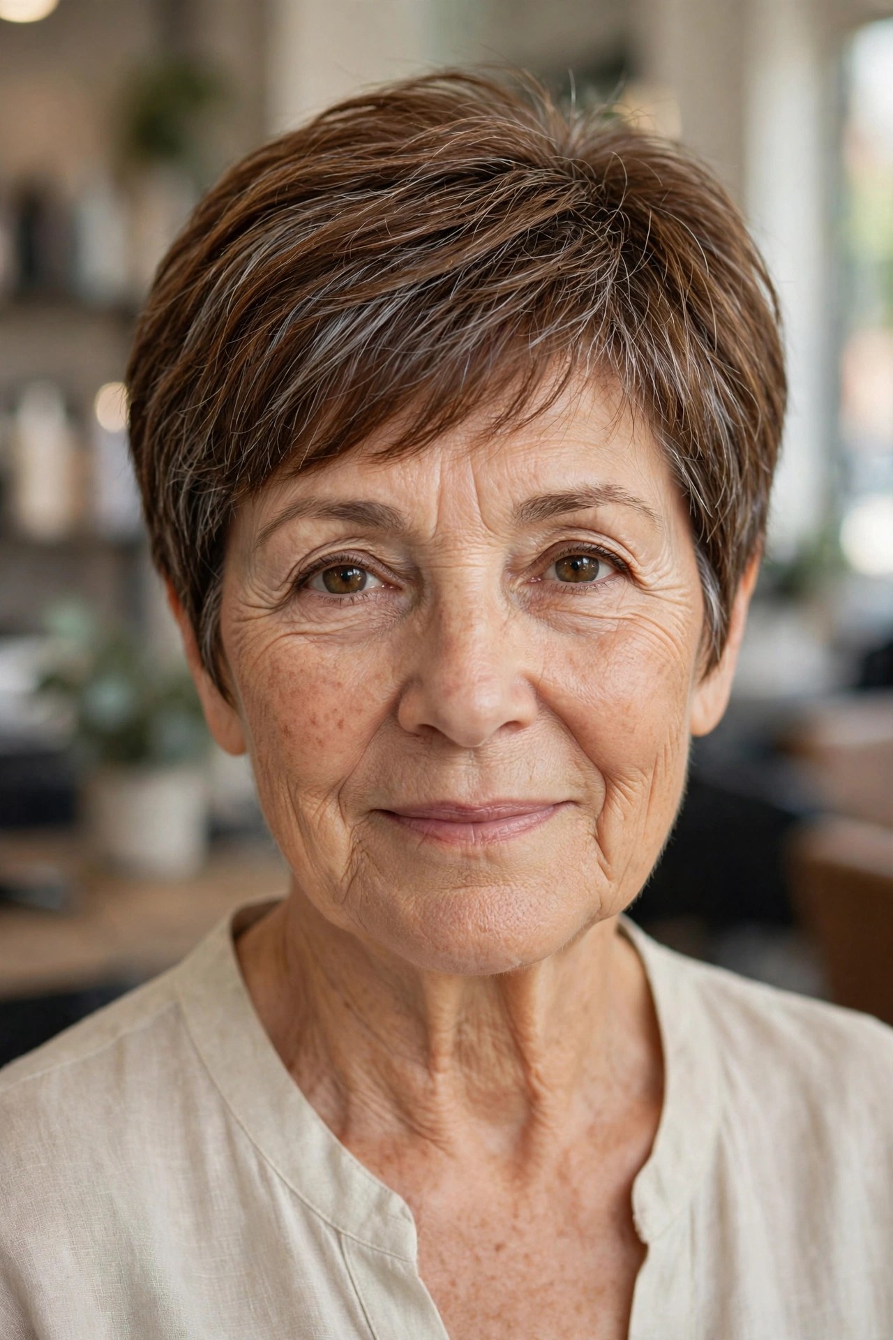 Gloss-Only Natural Silver Blend on a Short Crop - silver blending hair idea for woman over 50 with early grays