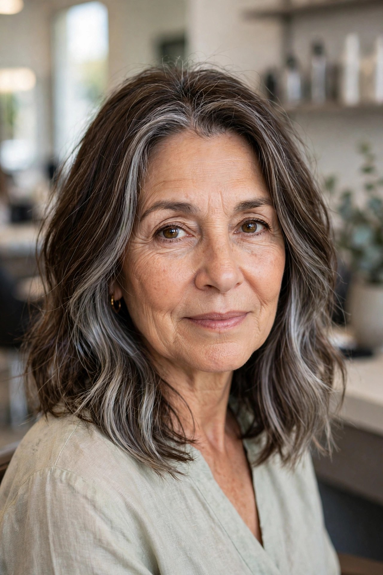 Gray-Blending Balayage on a Brunette Lob - silver blending hair idea for woman over 50 with early grays