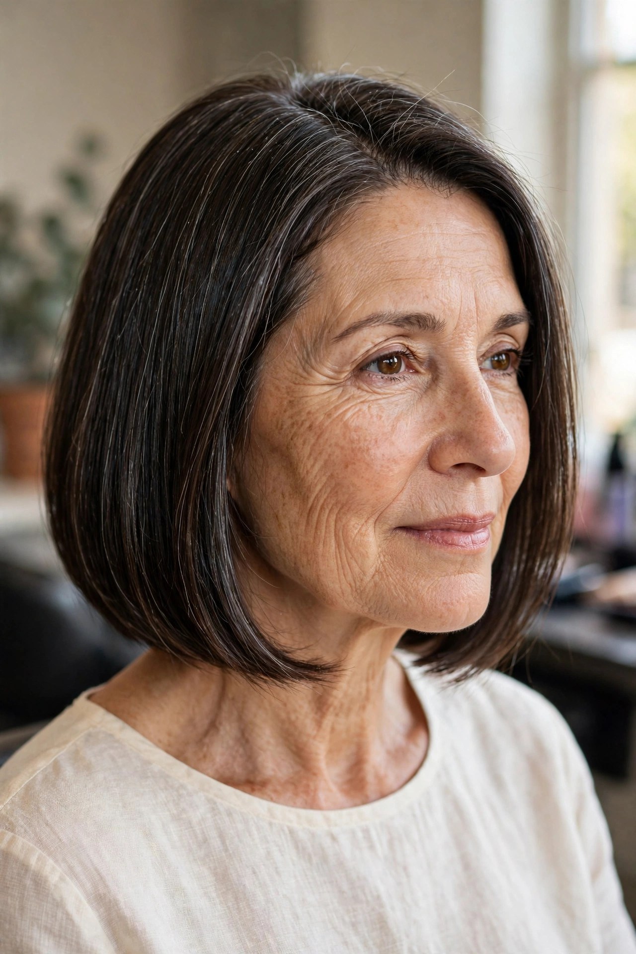 Ash-Toned Gloss on a Sleek Bob - silver blending hair idea for woman over 50 with early grays