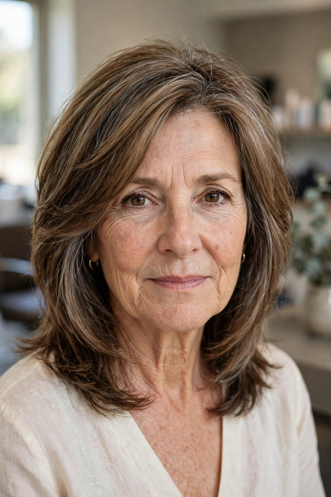 Lowlight Weaving on Layered Light Brown Hair - silver blending hair idea for woman over 50 with early grays