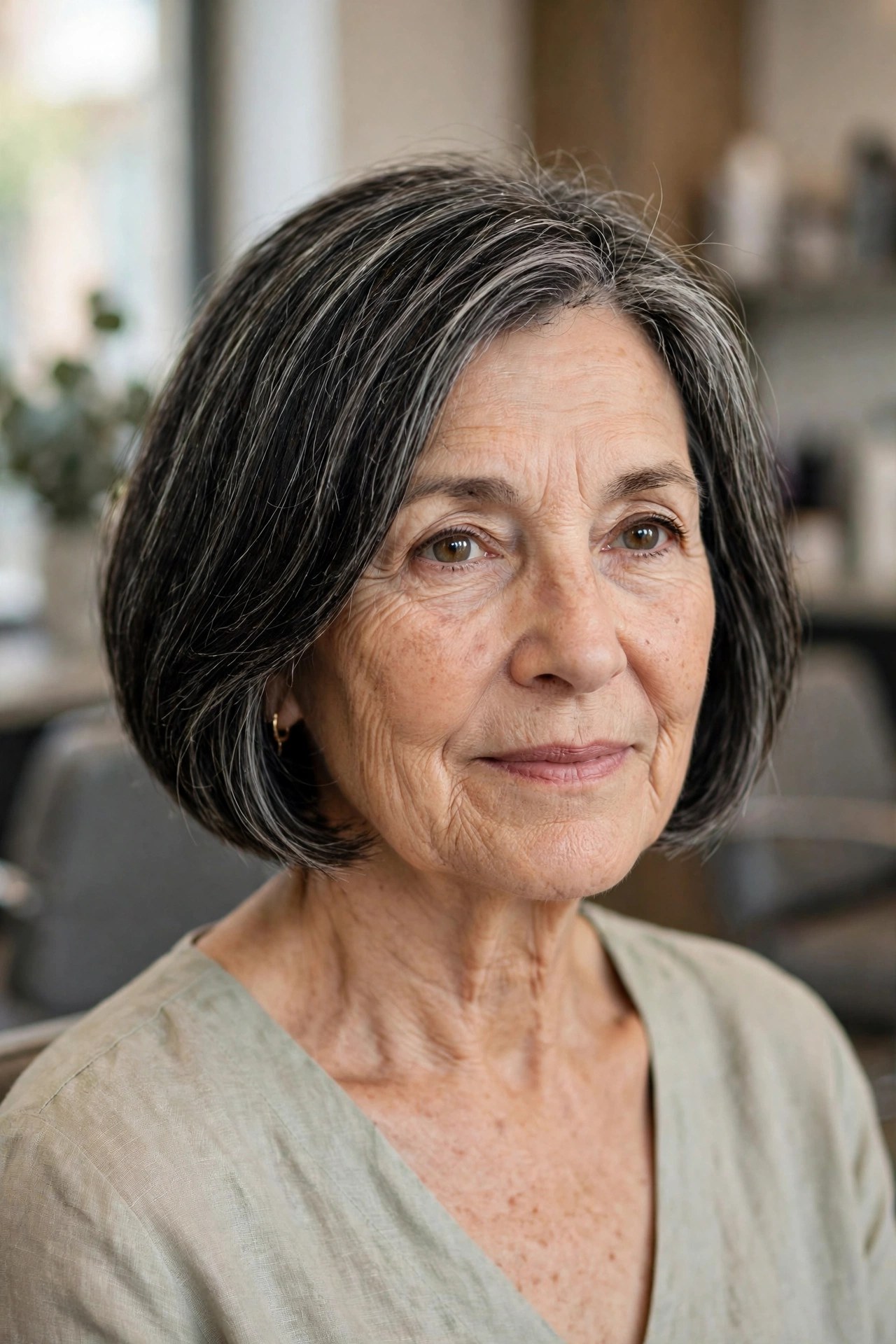 Salt-and-Pepper Dimension on a Classic Bob - silver blending hair idea for woman over 50 with early grays