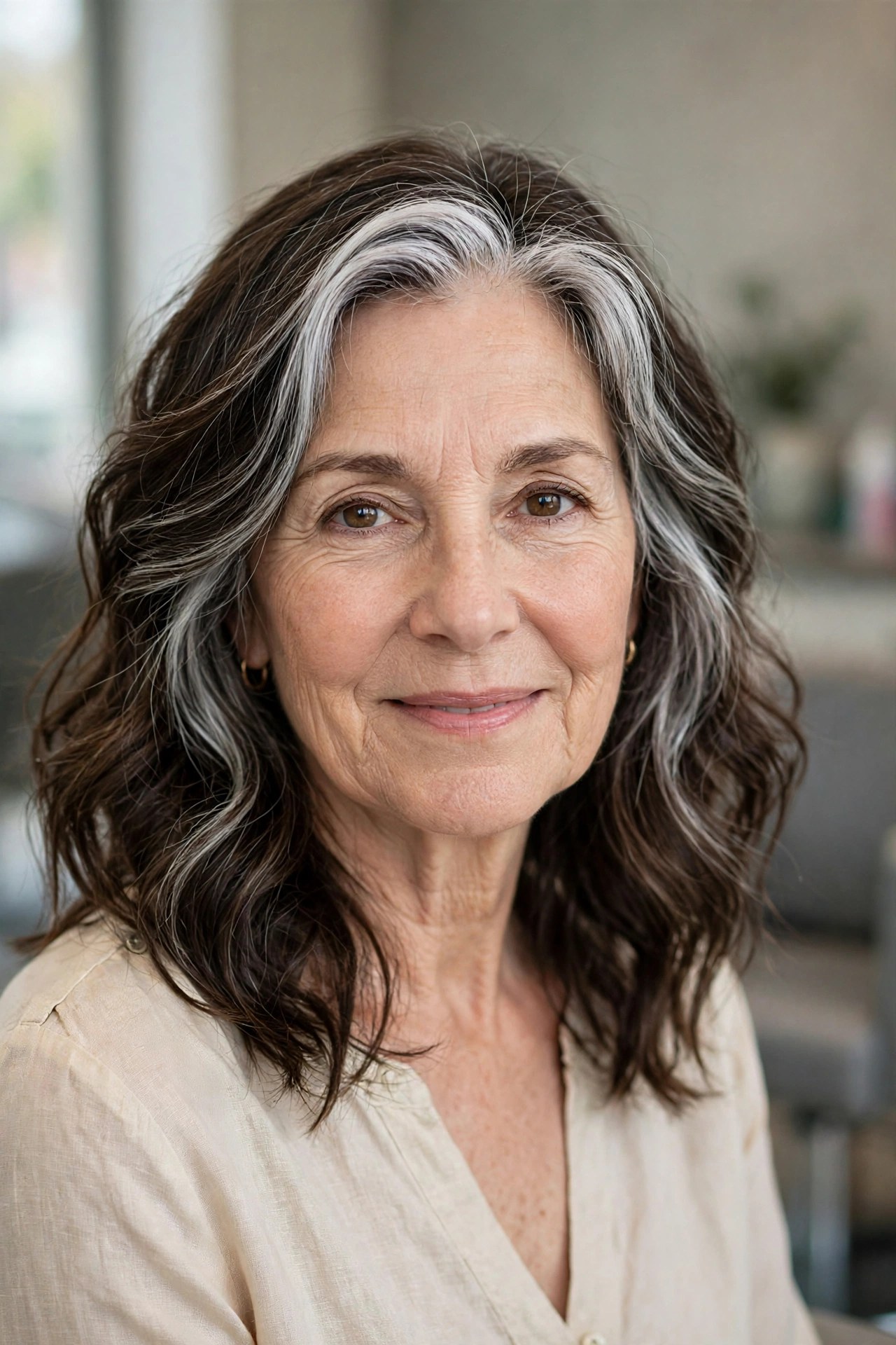 Silver Money Piece on Wavy Brunette Hair - silver blending hair idea for woman over 50 with early grays