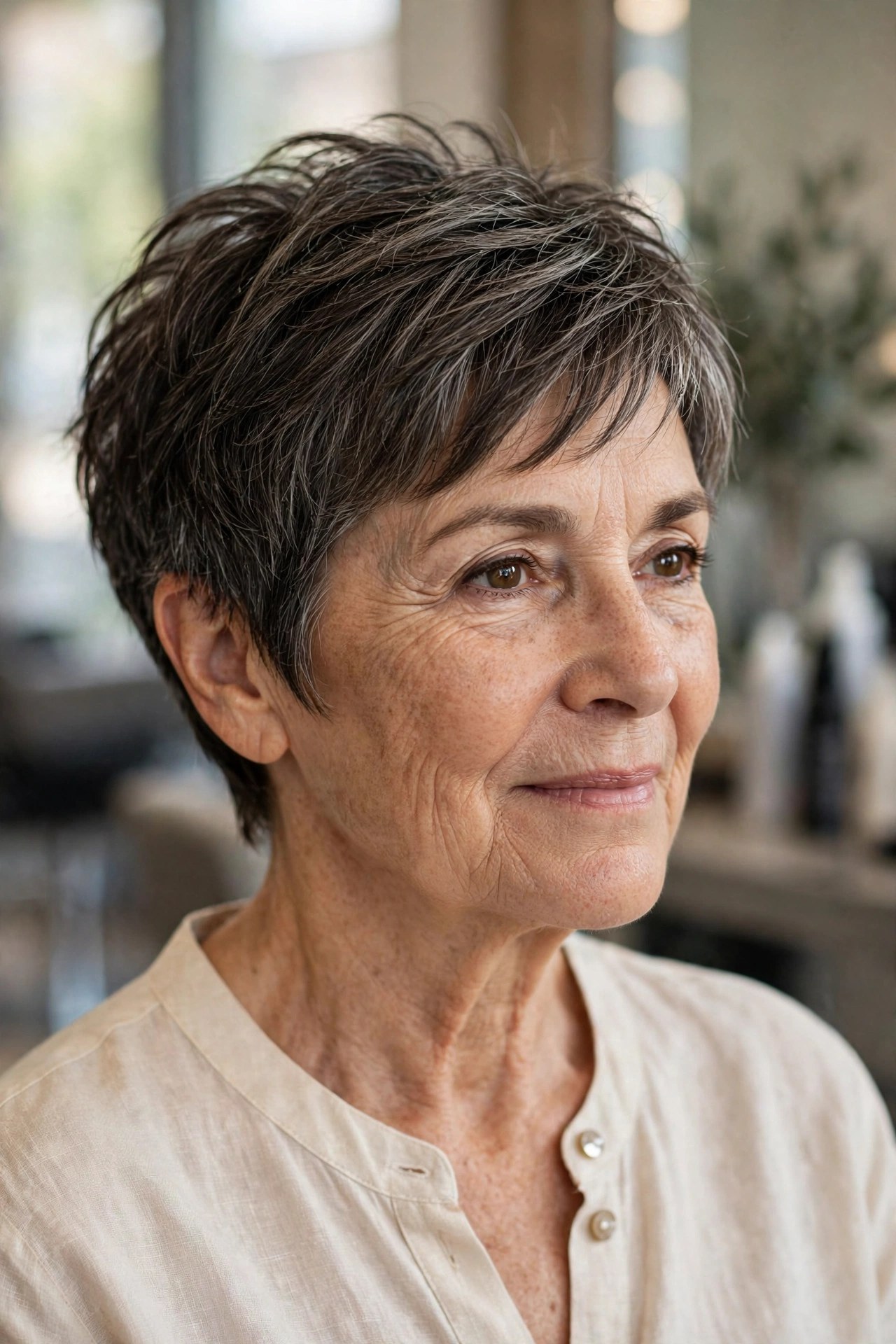 Silver-Blended Textured Pixie - silver blending hair idea for woman over 50 with early grays