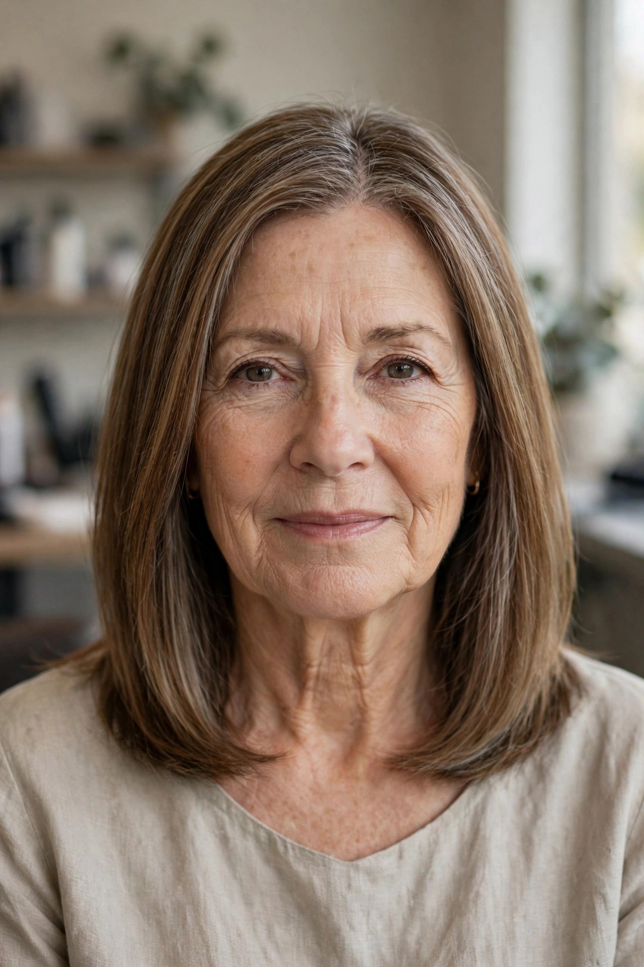 Demi-Permanent Blend on Shoulder-Length Hair - silver blending hair idea for woman over 50 with early grays