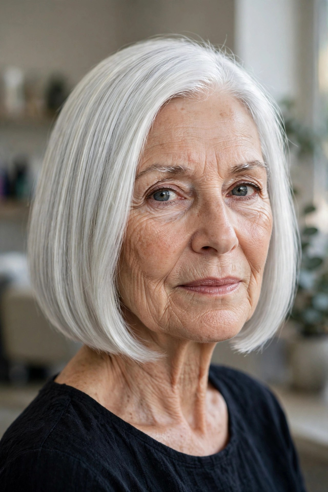 Sleek Silver Bob with a Mirror-Shine Finish on a woman over 60 - silver hairstyle