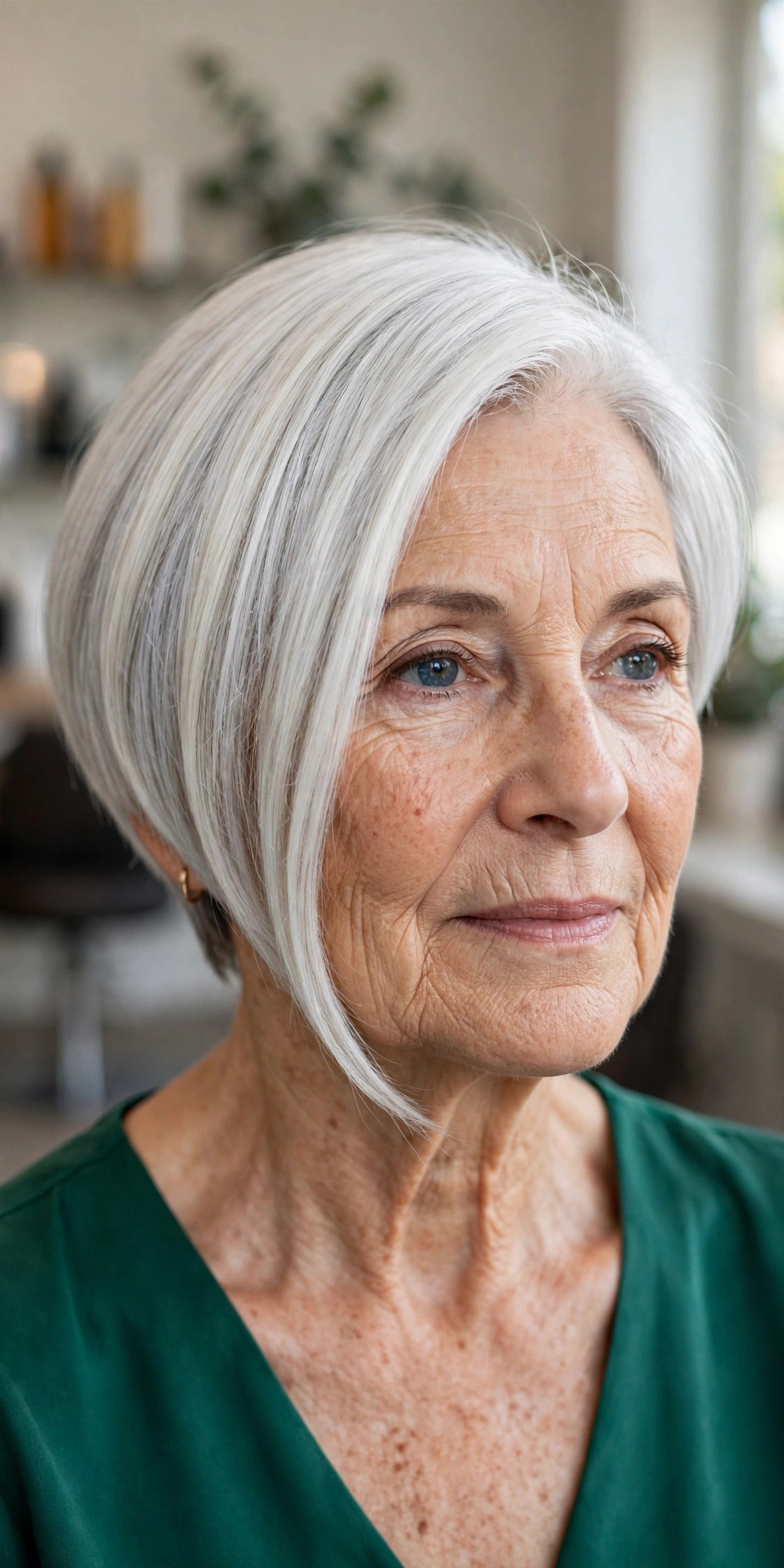Asymmetrical Silver Bob with a Gleaming Long Side on a woman over 60 - silver hairstyle