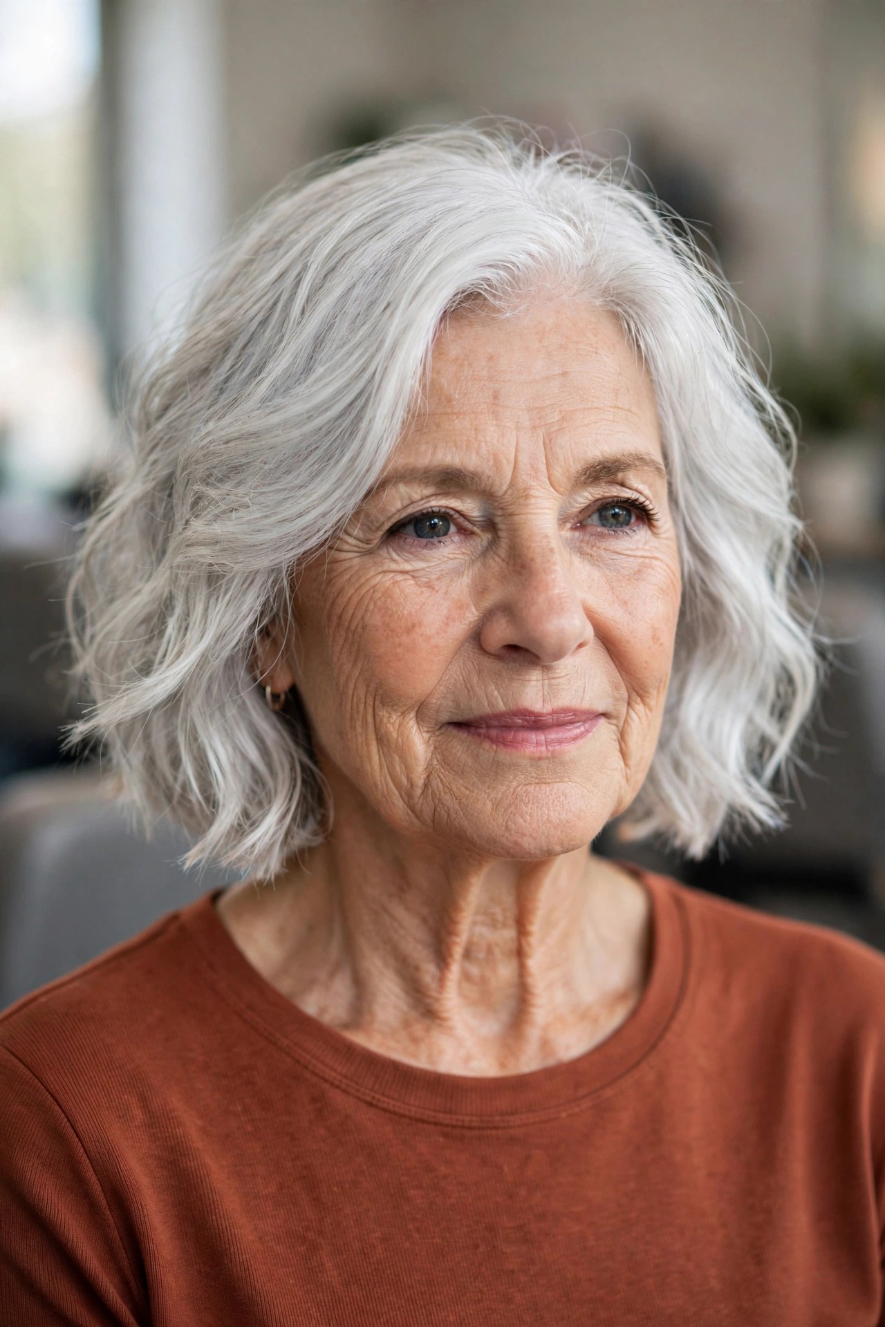 Wavy Silver Bob with Light-Catching Movement on a woman over 60 - silver hairstyle