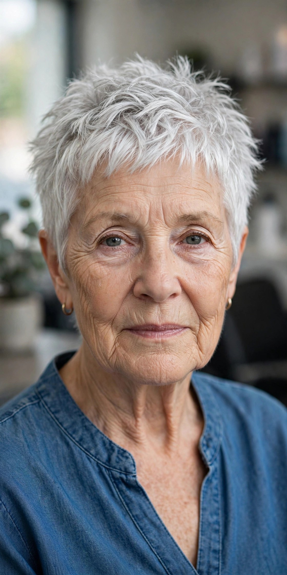 Choppy Silver Crop with Piecey Sparkle on a woman over 60 - silver hairstyle