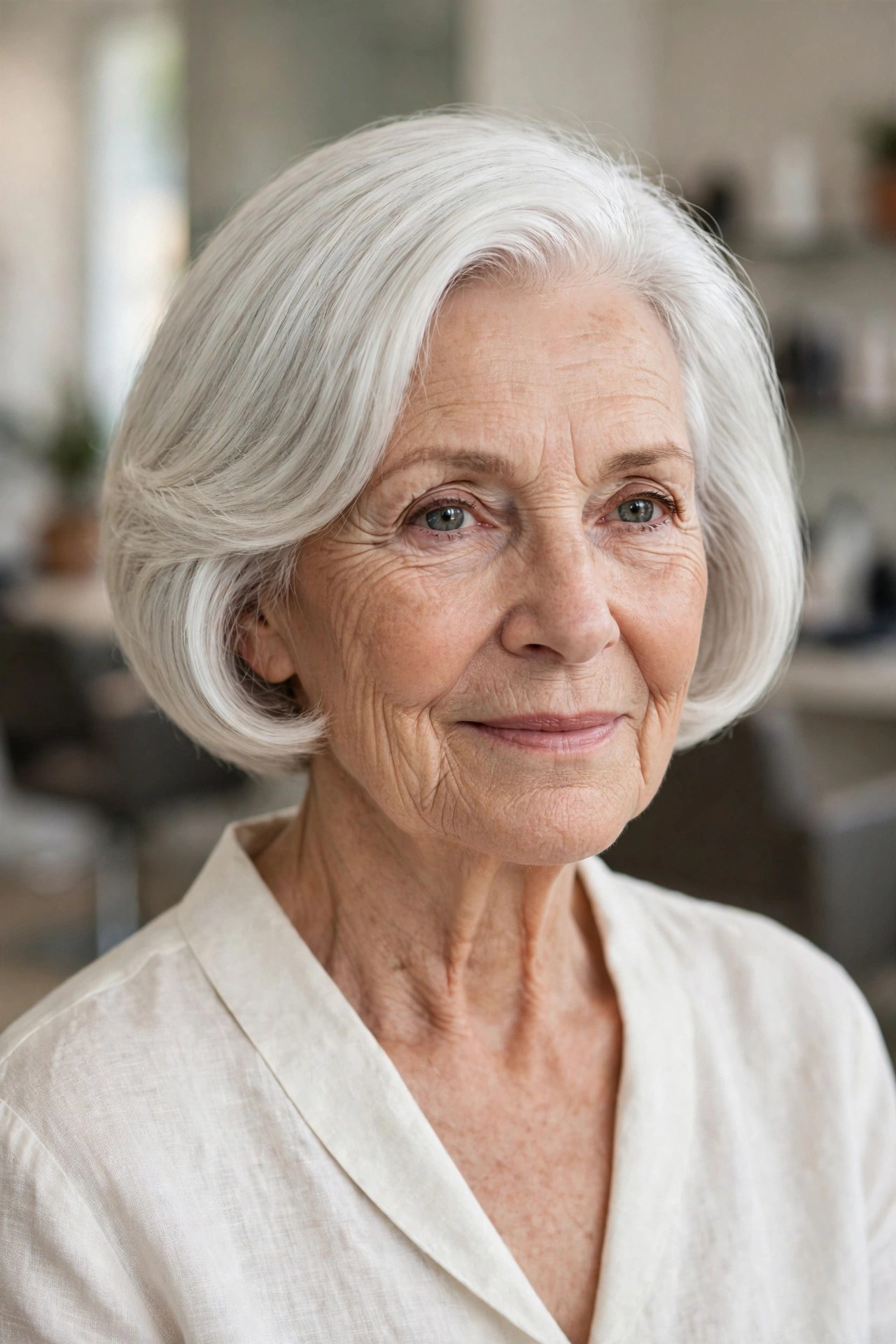 Rounded Silver Bob with a Polished Curve on a woman over 60 - silver hairstyle