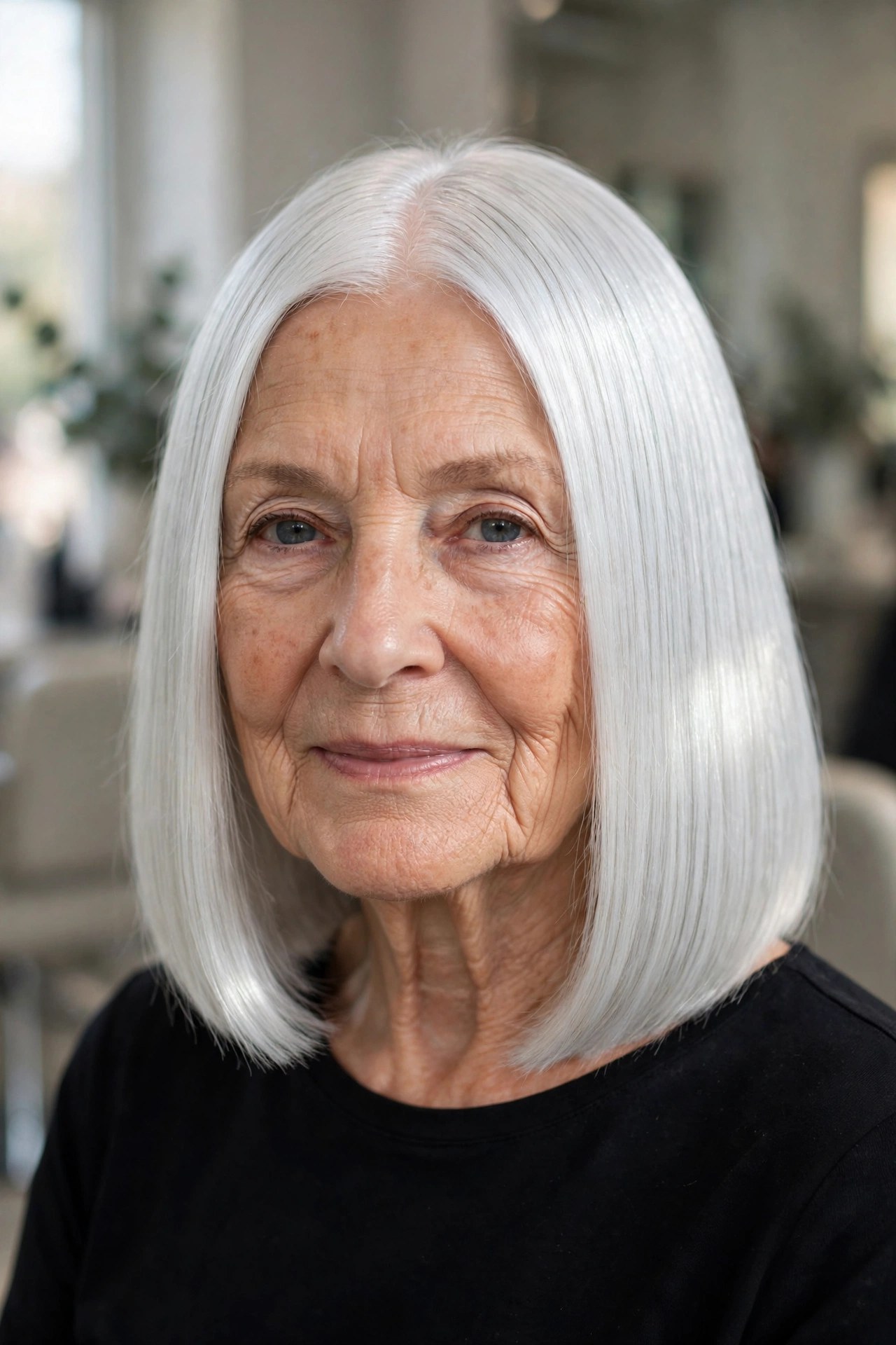 Blunt Silver Cut with a Glass-Hair Finish on a woman over 60 - silver hairstyle