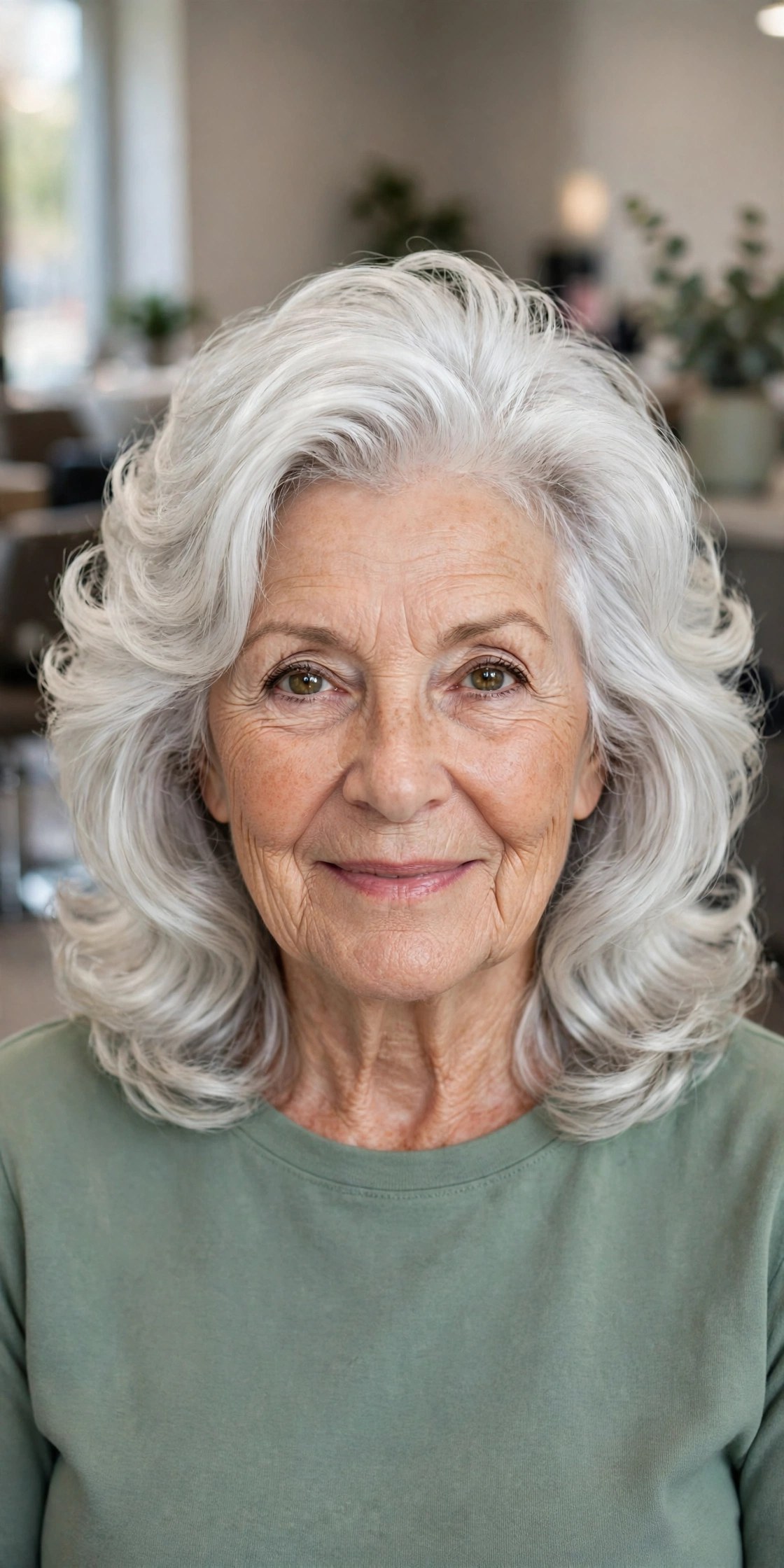 Shoulder-Length Silver Layers with a Blowout Glow on a woman over 60 - silver hairstyle