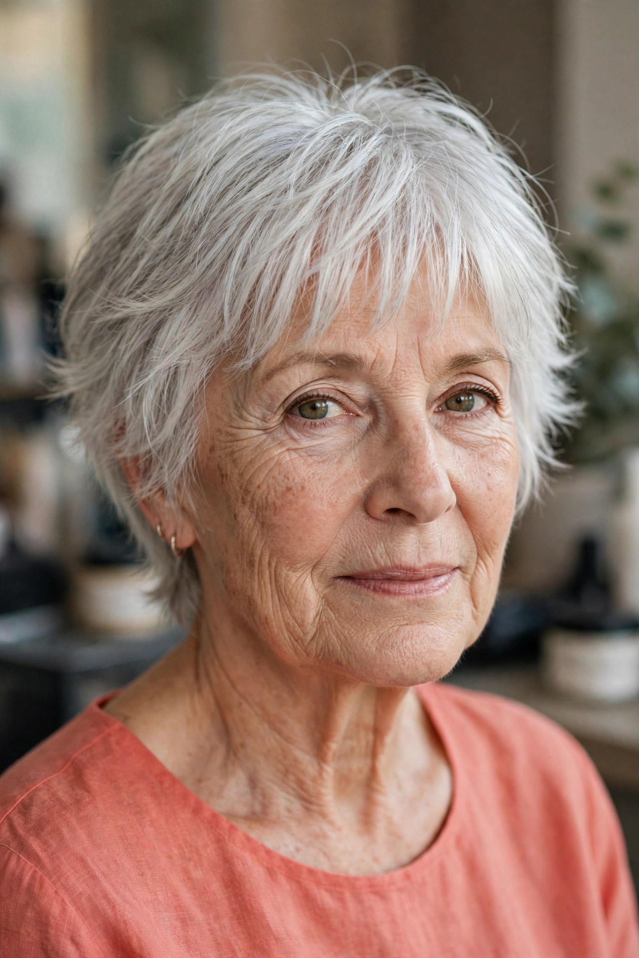 Short Silver Shag with Wispy, Brightening Bangs on a woman over 60 - silver hairstyle
