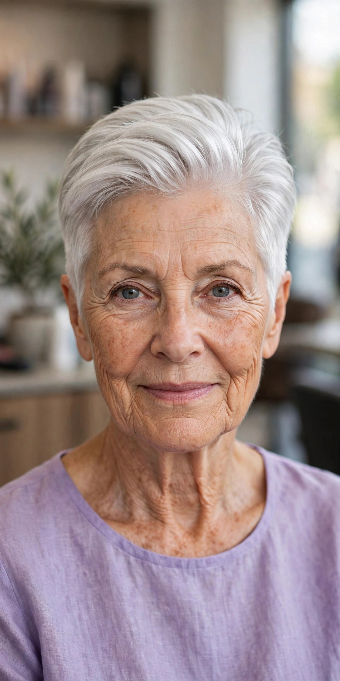 Tapered Silver Crop with a Glossy Crown on a woman over 60 - silver hairstyle