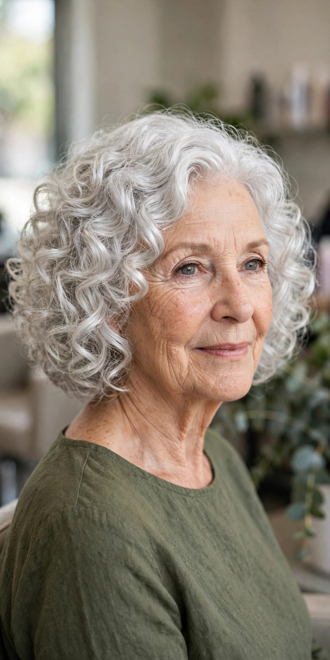Curly Silver Bob with Bouncy Shine on a woman over 60 - silver hairstyle