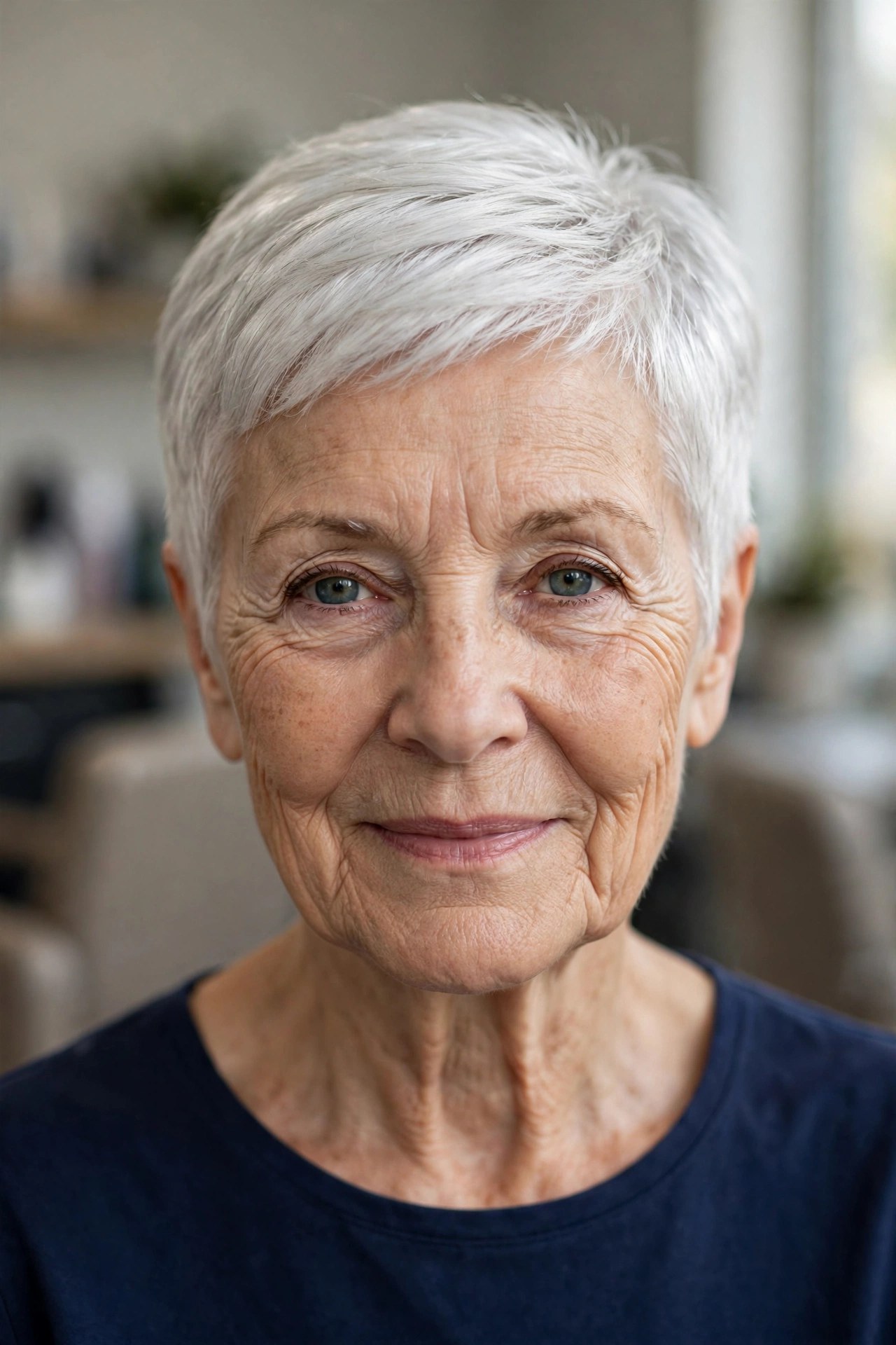Polished Silver Pixie Crop That Glows on a woman over 60 - silver hairstyle