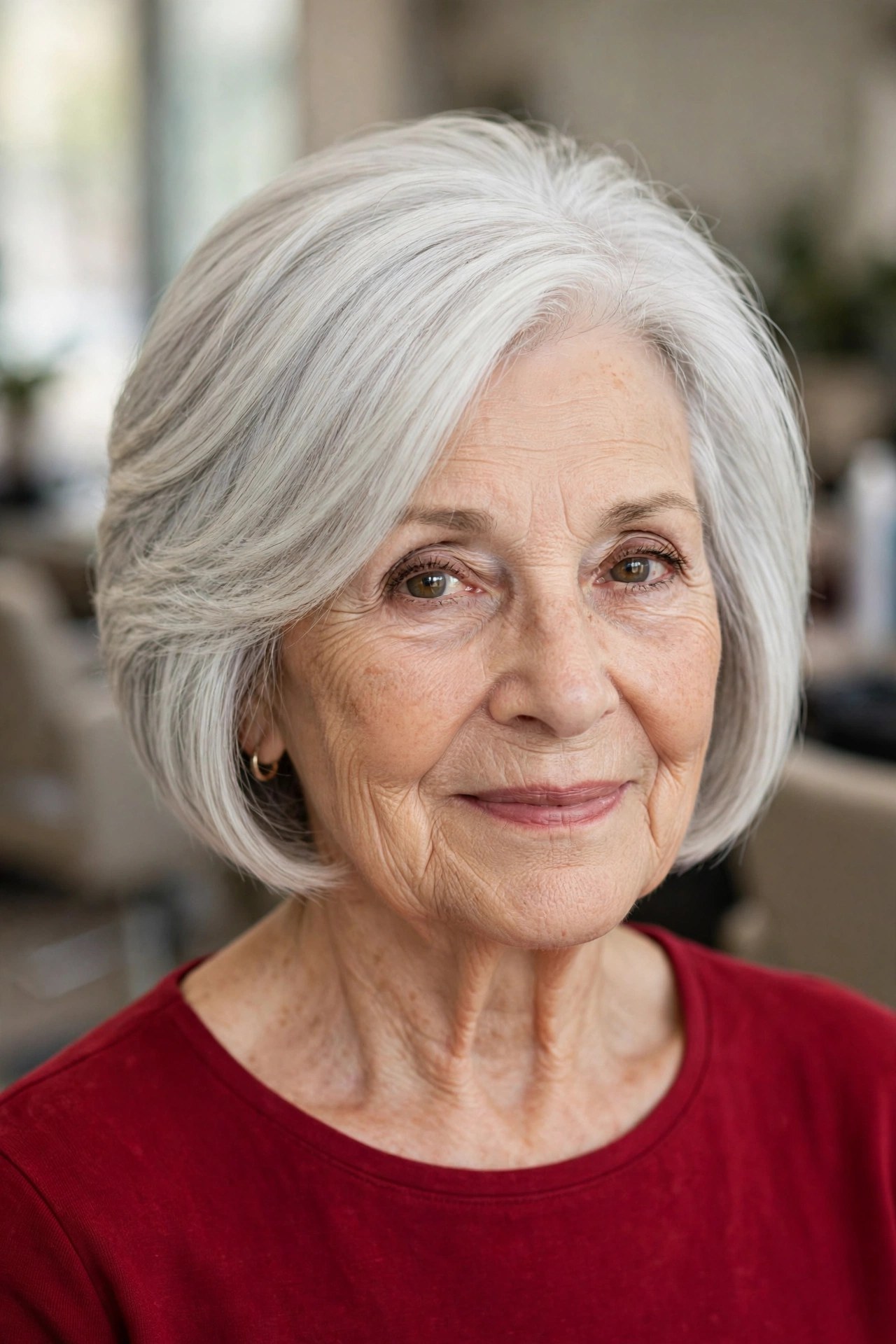 Graduated Silver Bob with Stacked Shine on a woman over 60 - silver hairstyle