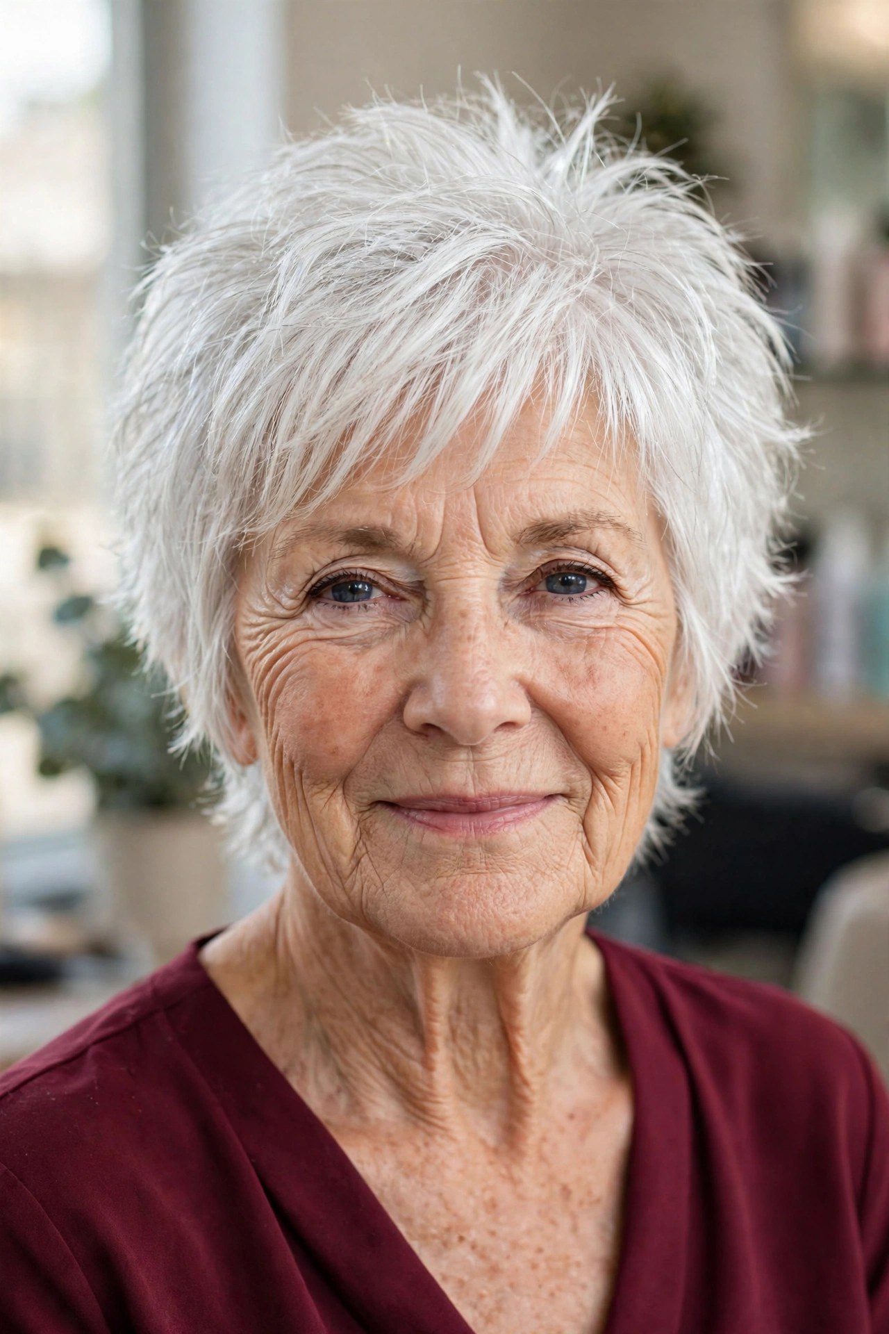 Layered Silver Shag That Sparkles in the Light on a woman over 60 - silver hairstyle