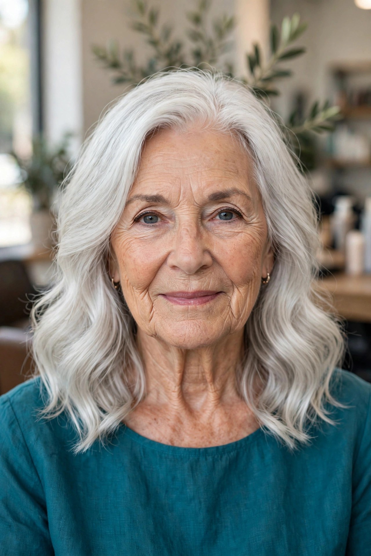 Silver Lob with Glossy, Light-Catching Waves on a woman over 60 - silver hairstyle
