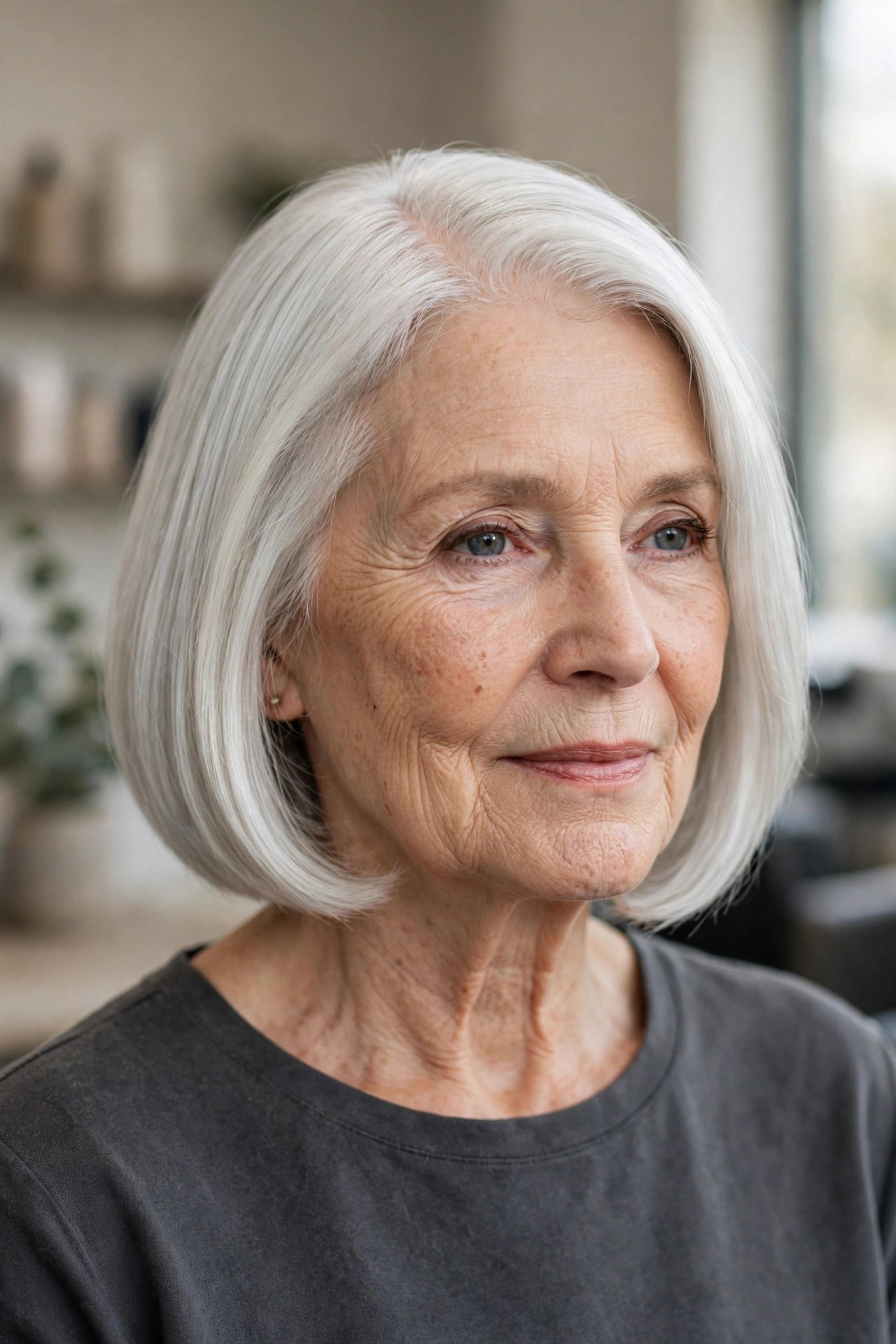 Chin-Length Silver Bob with a Brightening Side Part on a woman over 60 - silver hairstyle