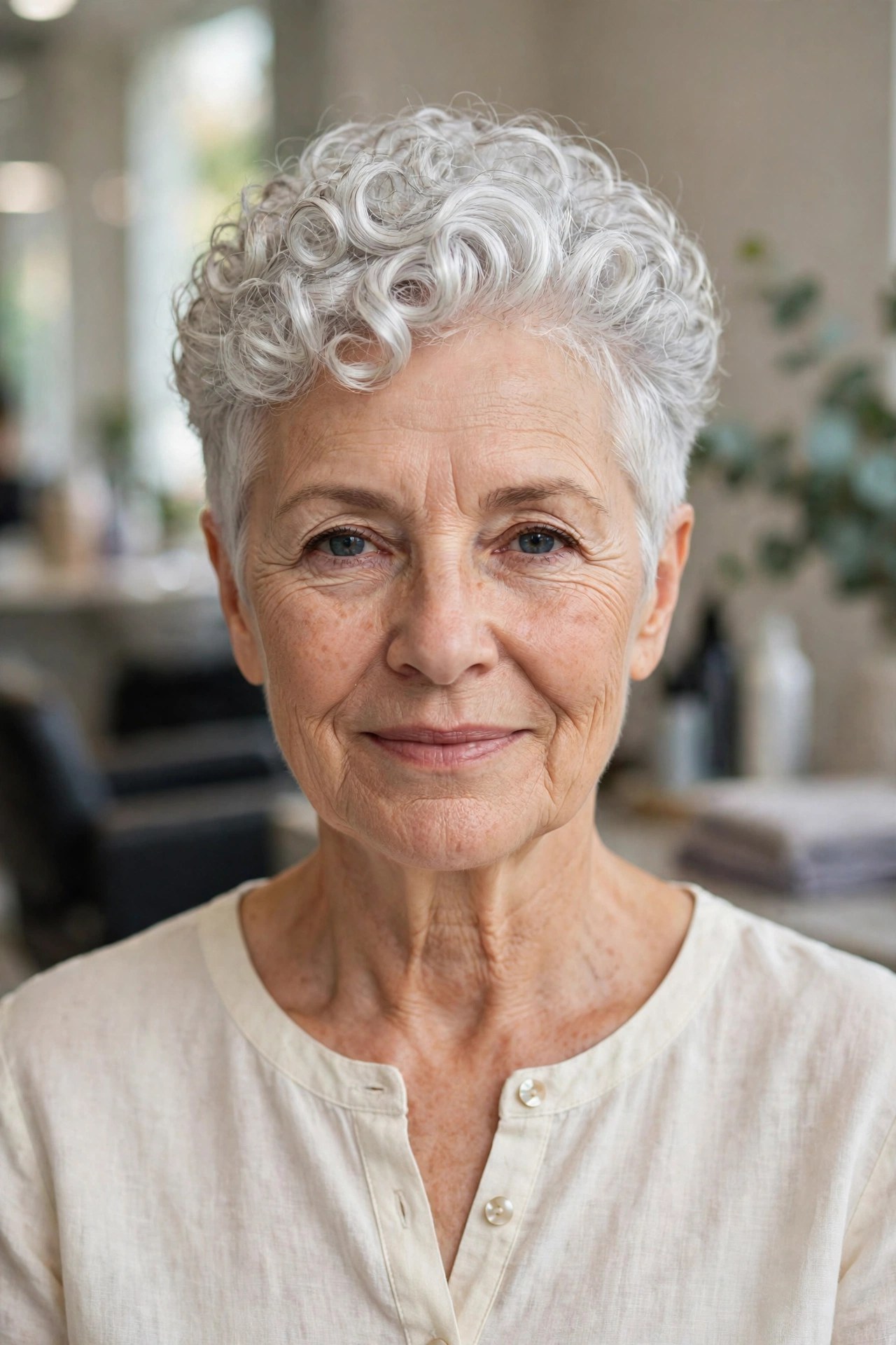 Curly Silver Crop with Defined, Shiny Coils on a woman over 60 - silver hairstyle