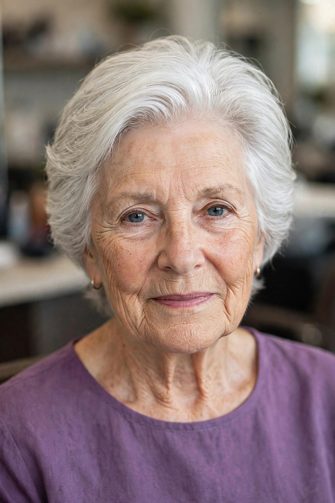 Feathered Silver Layers with a Luminous Crown on a woman over 60 - silver hairstyle