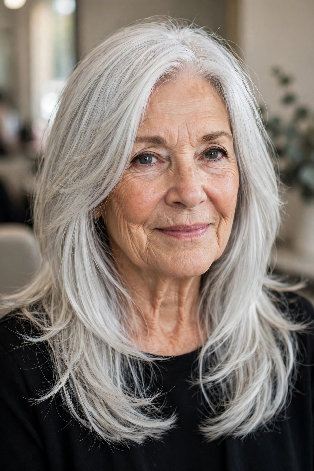 Long Silver Layers with Face-Framing Brightness on a woman over 60 - silver hairstyle
