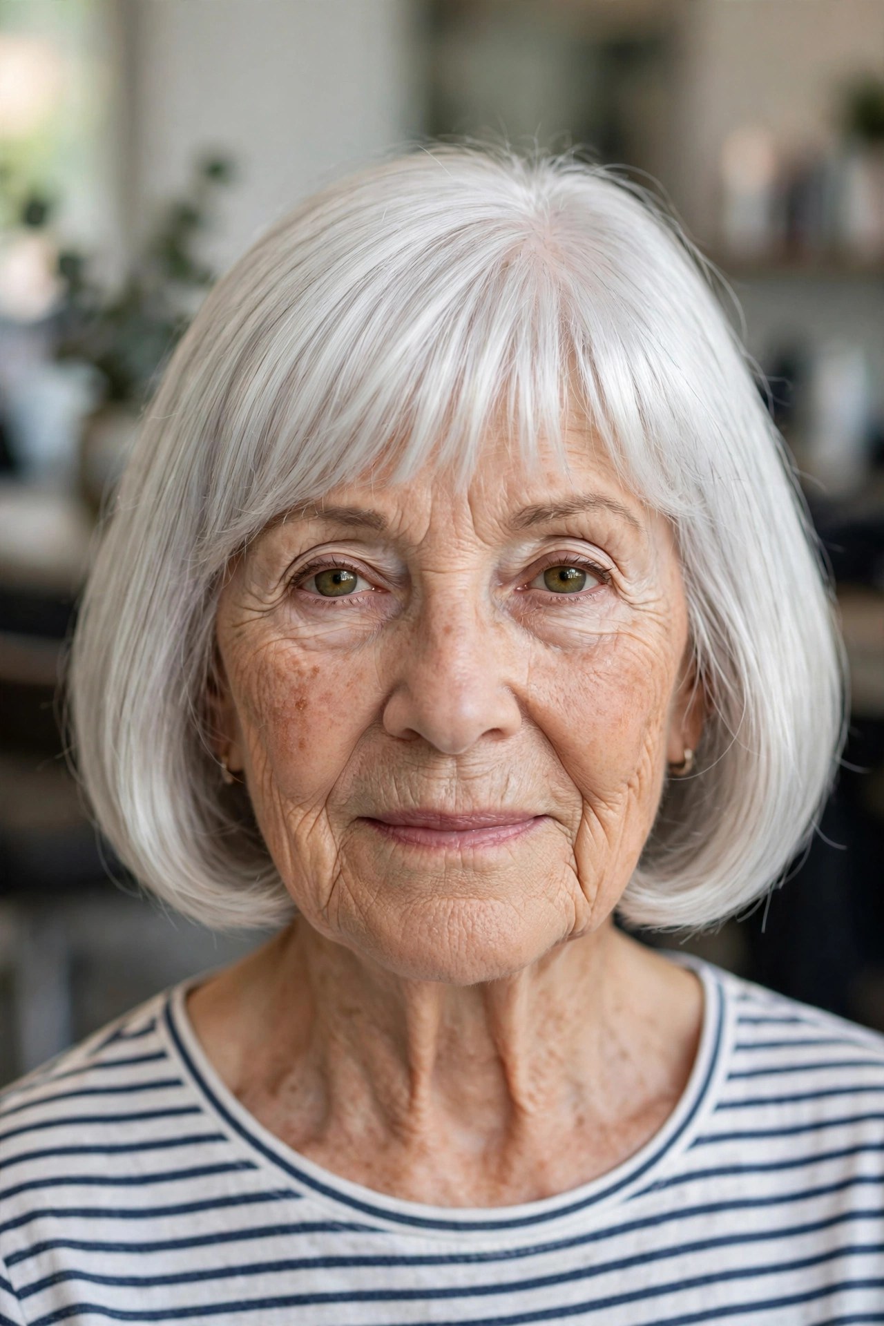 Silver French Bob with Sleek, Polished Ends on a woman over 60 - silver hairstyle