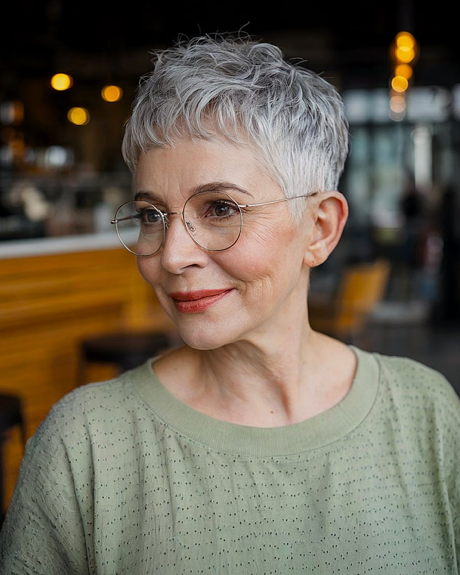 The Silver Crop With Round Glasses - silver short hairstyle on a woman over 70