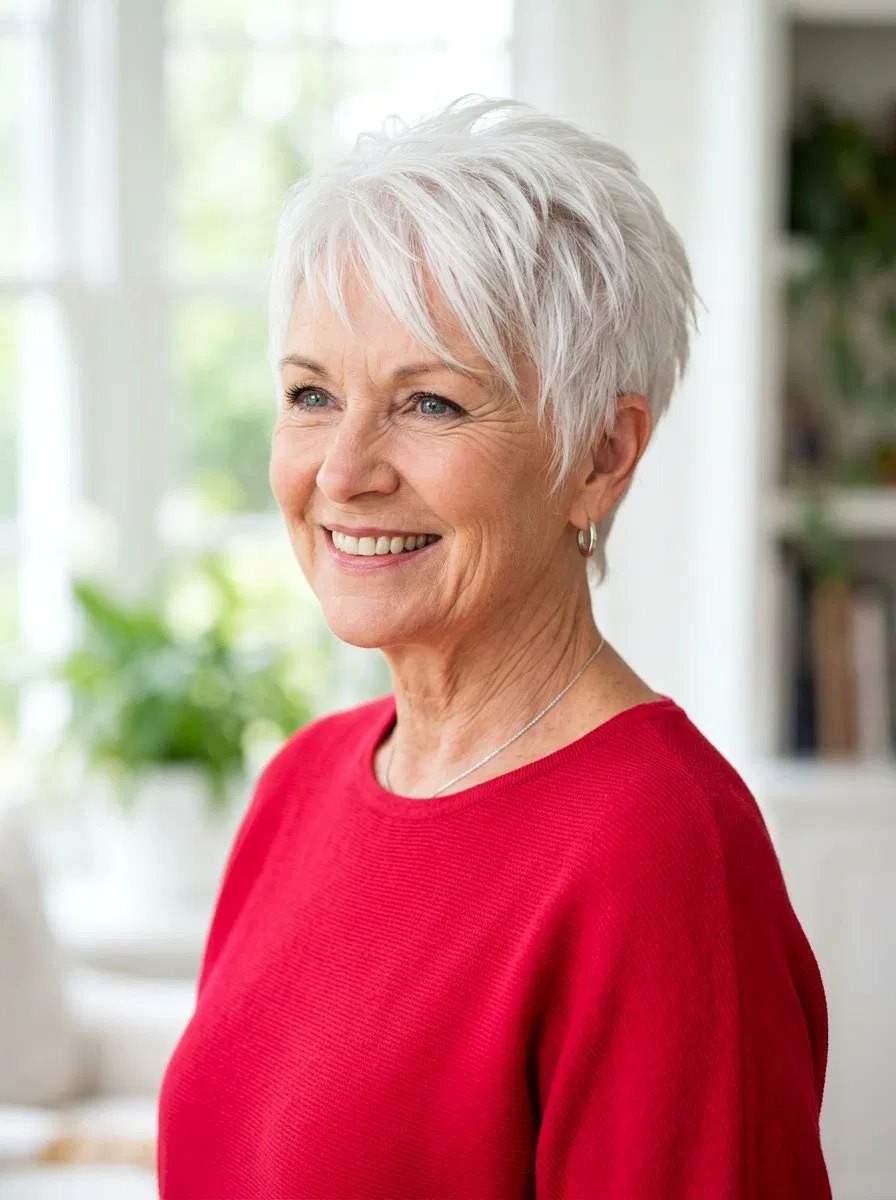 The Classic Silver Pixie With a Smile - silver short hairstyle on a woman over 70