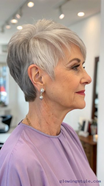 The Silver Pixie-Bob With a Long Front - silver short hairstyle on a woman over 70