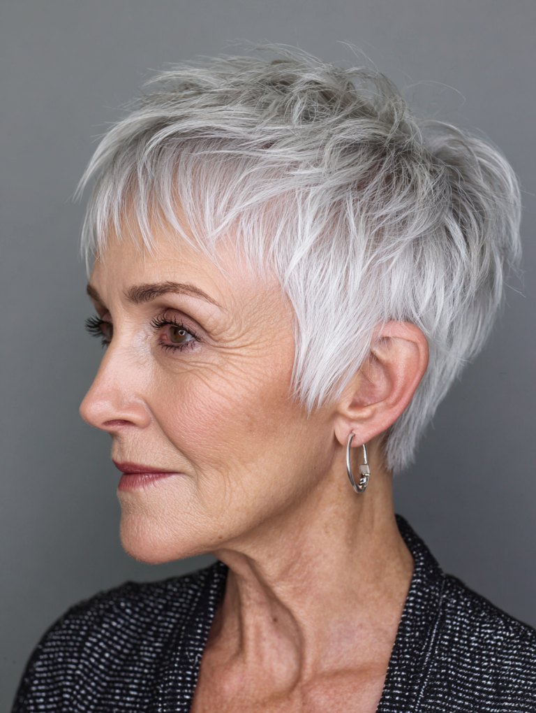 The Soft Silver Pixie With Wispy Edges - silver short hairstyle on a woman over 70