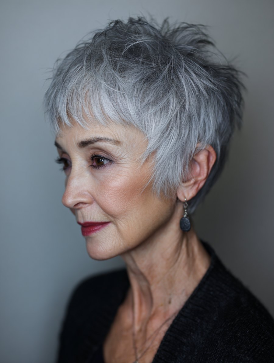 The Feathered Silver Pixie in Profile - silver short hairstyle on a woman over 70