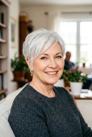 The Sleek Silver Pixie With a Side Part - silver short hairstyle on a woman over 70