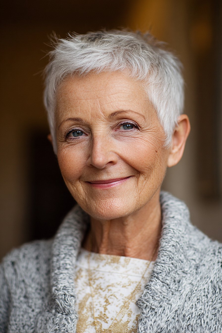 The Neat Silver Pixie With Soft Fringe - silver short hairstyle on a woman over 70