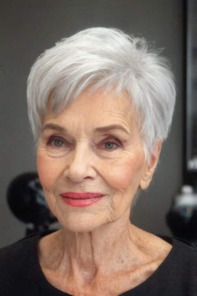 The Timeless Silver Pixie - silver short hairstyle on a woman over 70