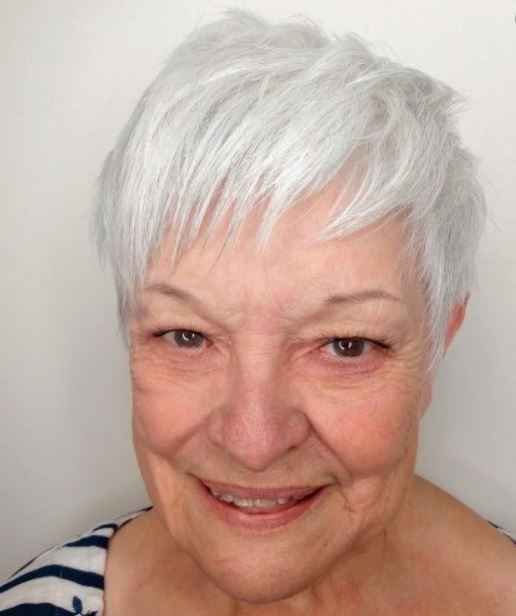 The Bright Silver Pixie, Front View - silver short hairstyle on a woman over 70