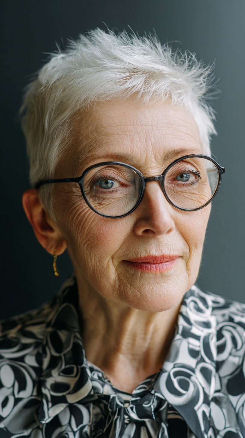 The Neat Silver Crop With Bold Frames - silver short hairstyle on a woman over 70